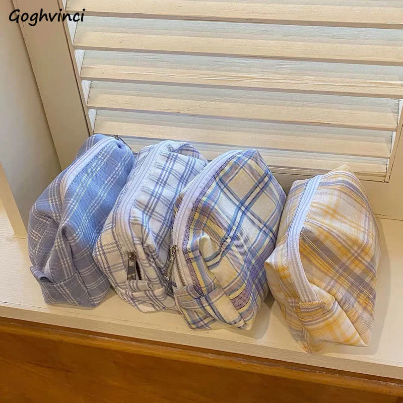

Plaid Cosmetic Bags Women Zipper Pencil Cases Korean Style Girl Toiletries Bag Panelled Makeup Wash Ins Portable All-match Cute