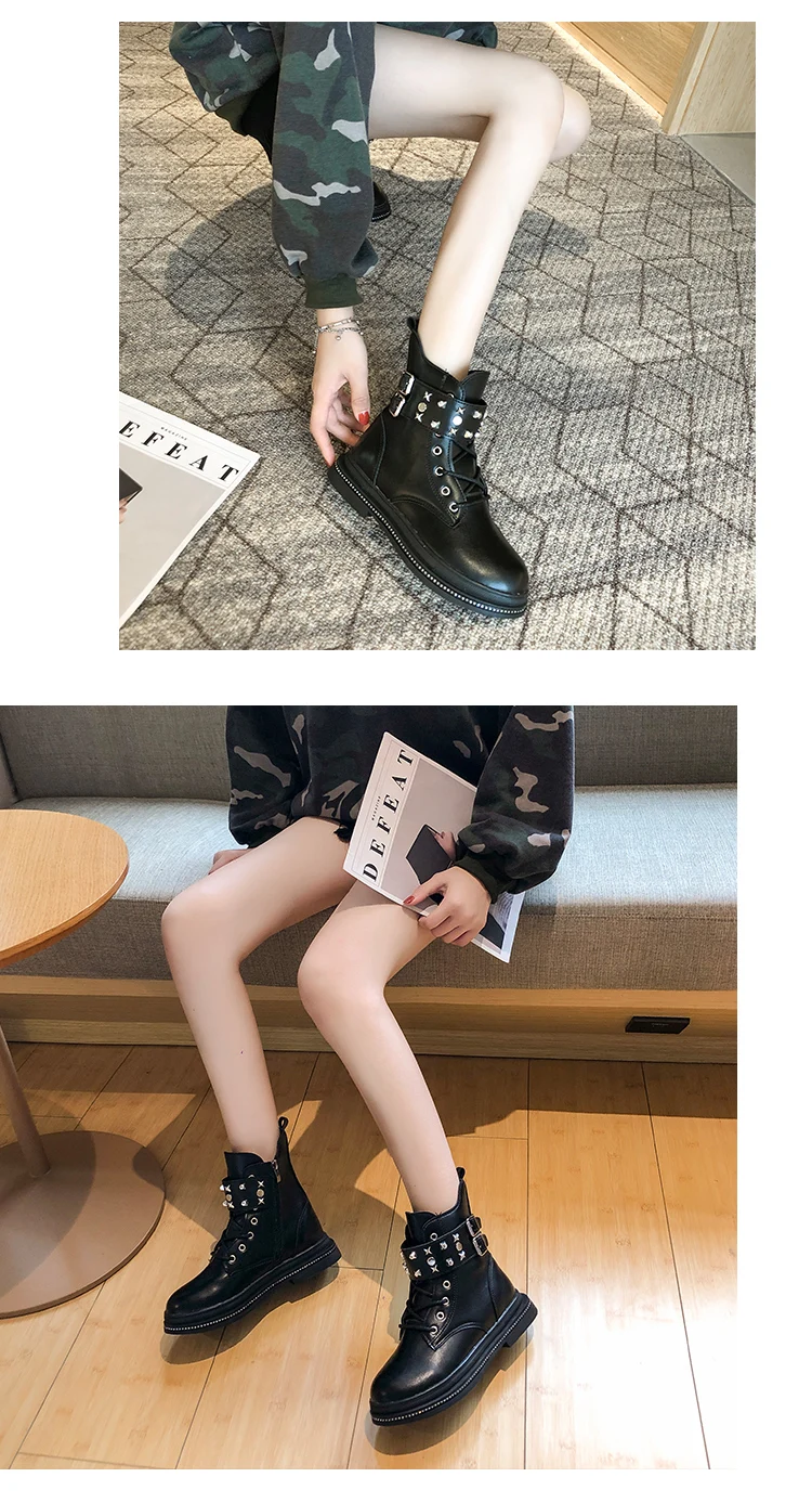 Women's Mid Calf Boots Rivets Shoes Low Heels booties Bootee Woman Booties Ladies Luxury Designer Round Toe Lace Up Rubber