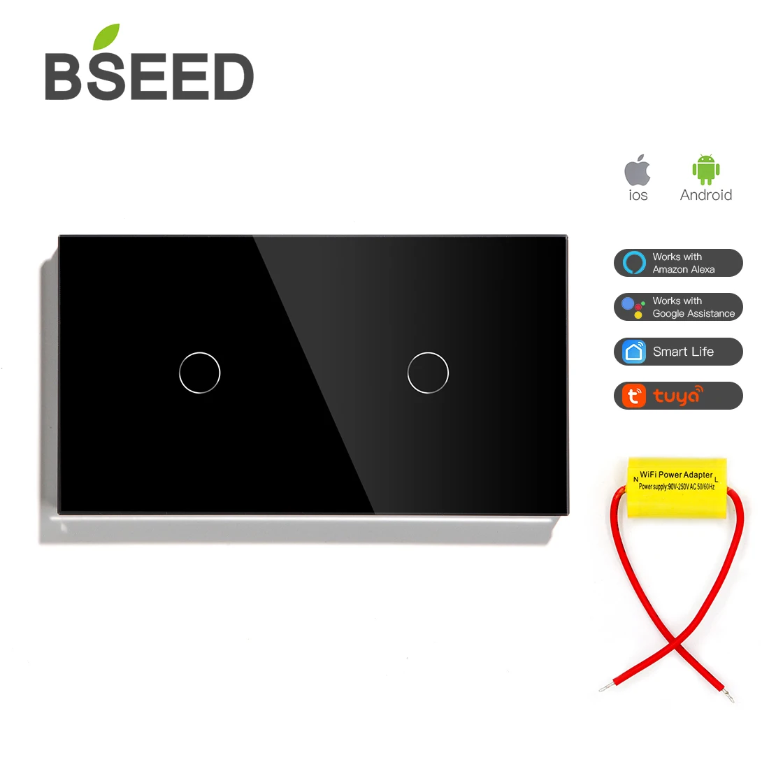 BSEED EU Standard Single Live Line Wifi Switch White Black Gloden Crystal Glass Panel For Smart Home Work With Tuya Russia | Обустройство