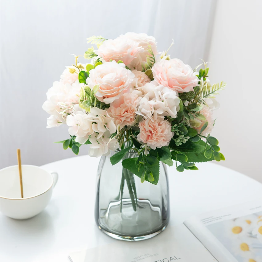 

4 Bouquets Artificial Flowers Bridal Wedding Christmas Decorations for Home Garden Vase Room Silk Hydrangea Roses Fake Flowers