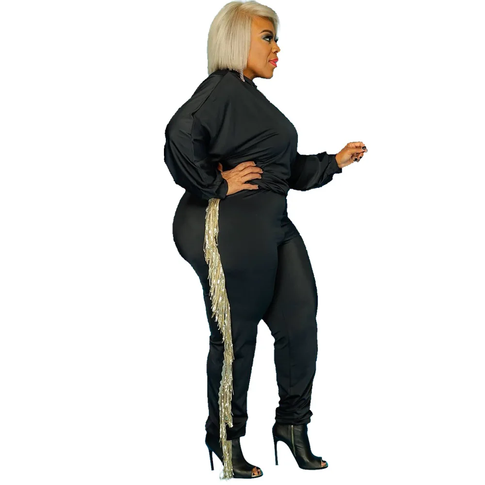 

Autumn Newest Women Oversize Sets XL-5XL Tassels Long Sleeve Tops + High Waist Pencil Pants Tracksuits For Nightclub Party