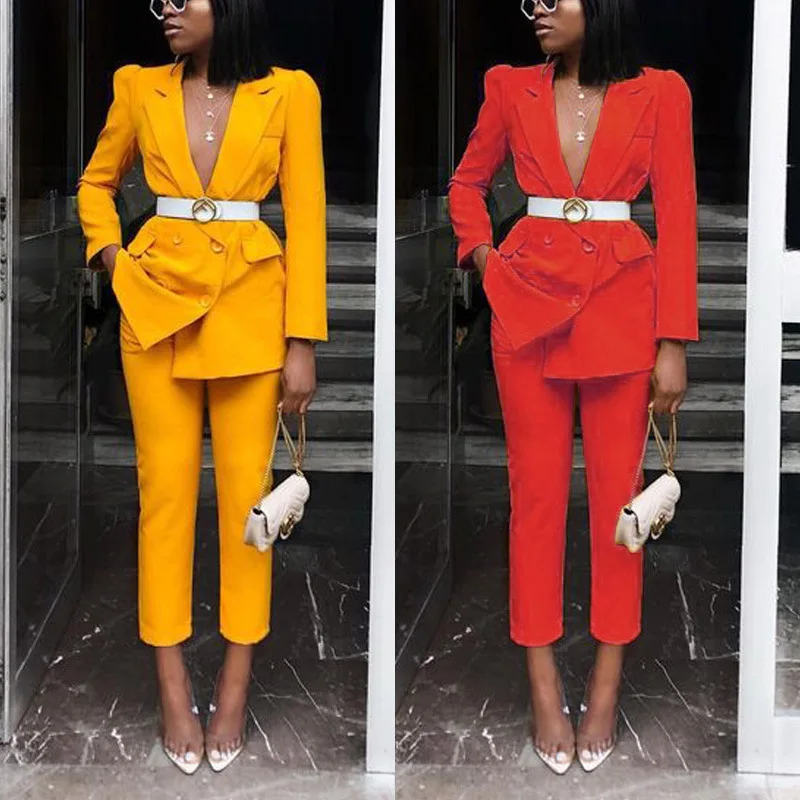 

2-piece women's autumn and winter new hot sale European and American ladies long sleeve suit solid color blazer pants suit women