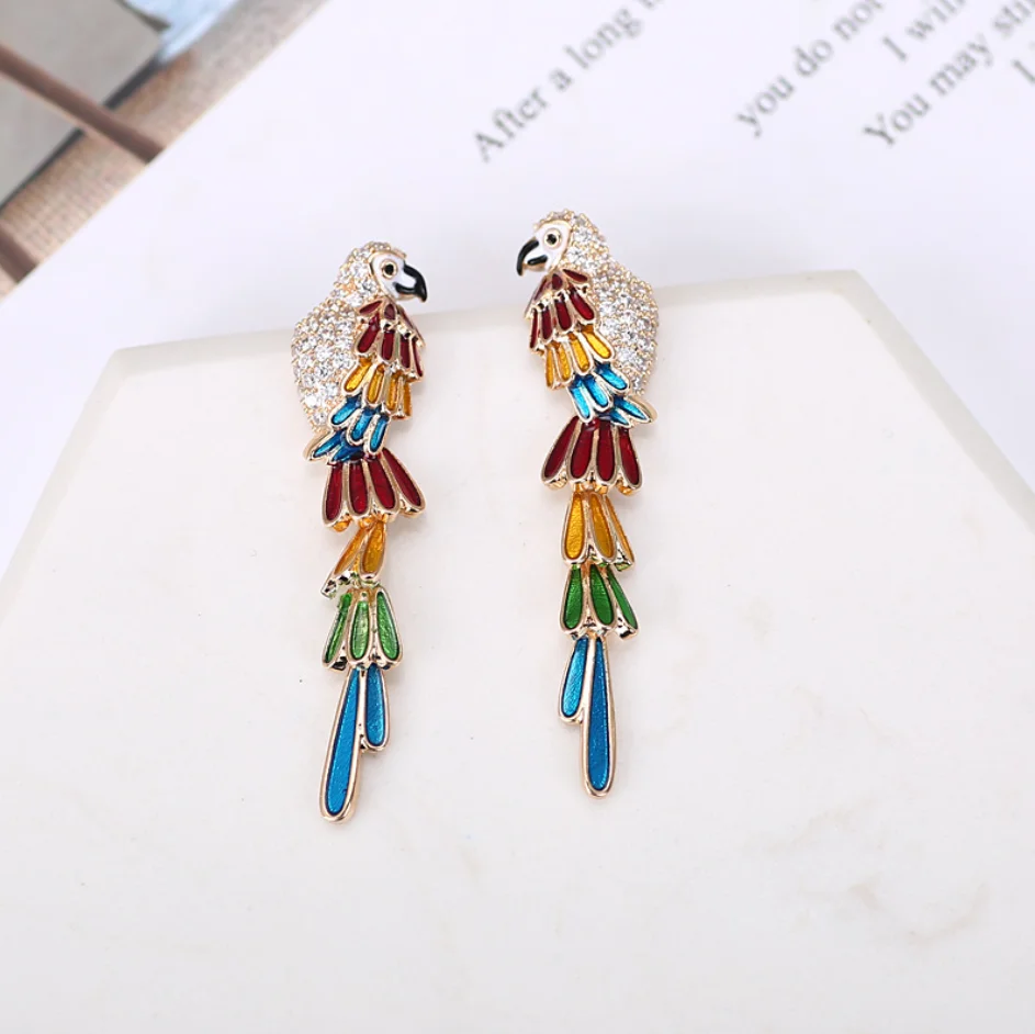 

Fashion zircon creative colorful bird long tail parrot vintage shiny rhinestone women earring gorgeous ladies eardrop BANQUET