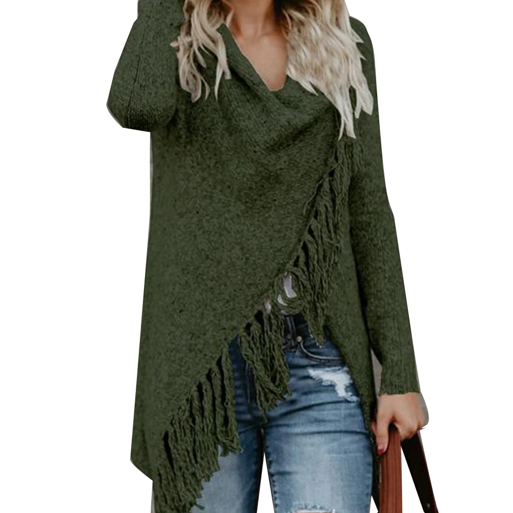 

Women Solid Color Irregular Shawl Long Sleeve Tassels Knitted Sweater Cardigan