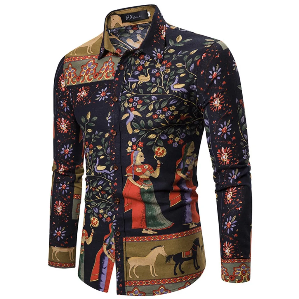 Мужская винтажная рубашка с принтом Feitong деловая длинным рукавом в стиле