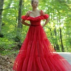 Красный в горошек из тюля платье для выпускного вечера с открытыми плечами бюстье вечернее платье с корсетом с поясом; Robe De Soiree 2021