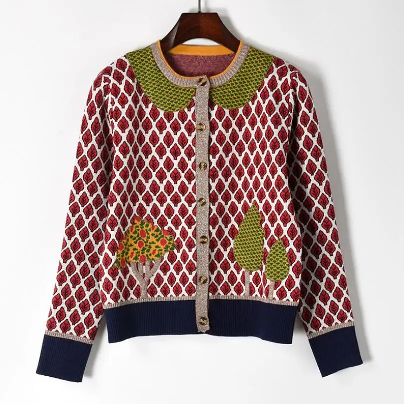 Женский кардиган с длинными рукавами Осенний вязаный листьями и деревьями