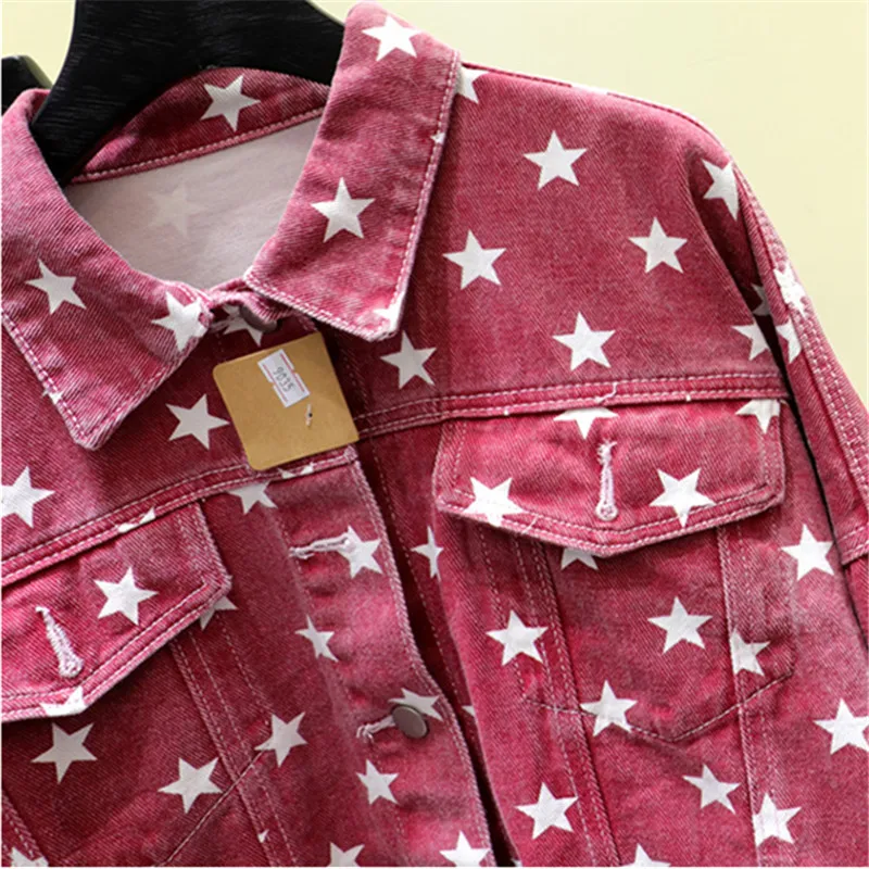 

Denim Jackets Women Autumn Coat Fashion Pentagram Print Long sleeve Short Denim Coat Female Plus size Loose Basic Jeans Jacket