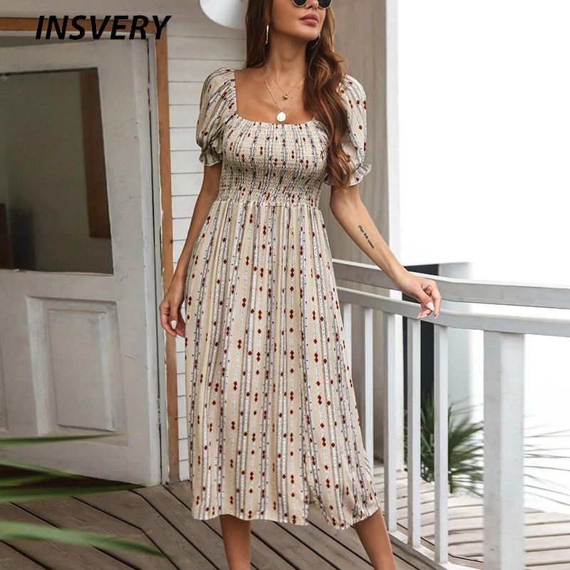

Vintage Print Dress Women Short Sleeve Elastic Waist A-Line Dresses For Women Elegant Party Dress Boho Summer Beach Dress 2021