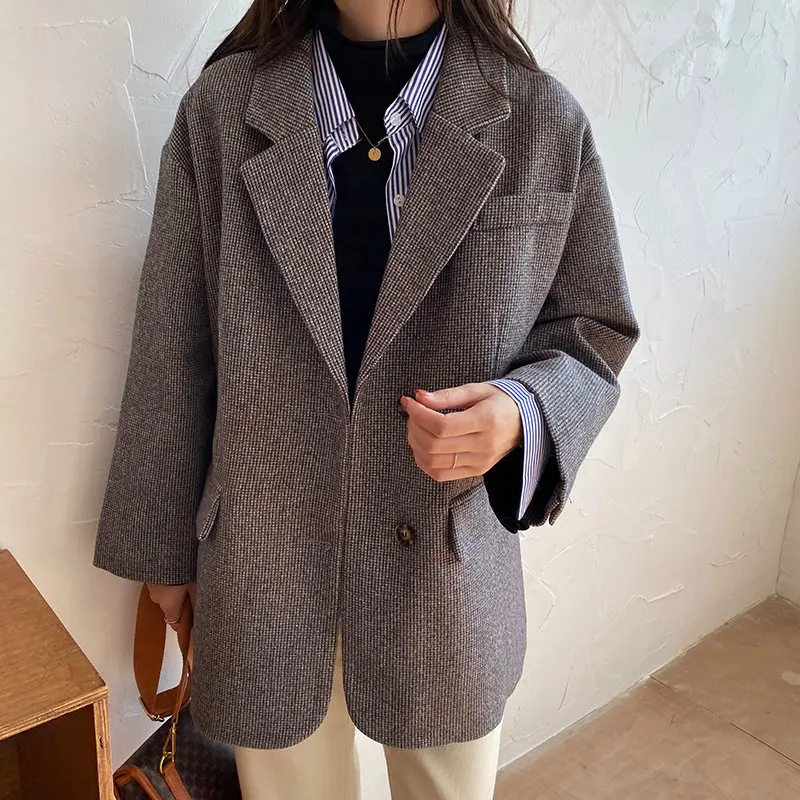 

All Match Office Ladies Blazers Fashion Simple Brief Chic Cute Full Sleeves Women Loose Plaid Notched Casual 2 Types Button