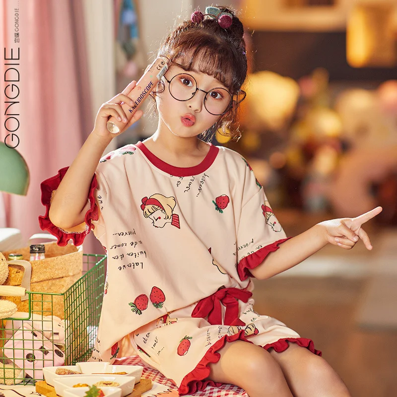 

Summer Children's Pajamas Summer Cotton Short Sleeve Thin Strawberry Cute Super Cute Princess Style Girls' Home Wear Suit