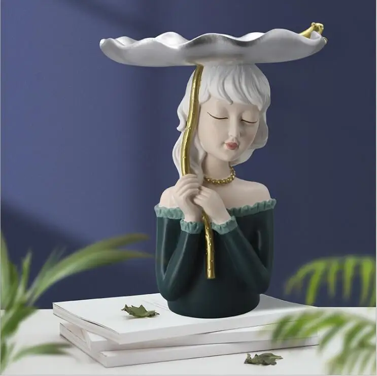 Chinese Lotus Leaf Girl Storage Tray Resin Statues Home Livingroom Box Figurines Crafts Store Clubs Table Sculpture Decoration | Дом и сад