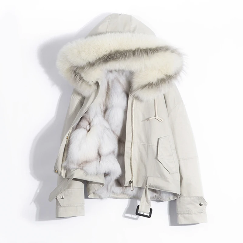Women Jacket Winter Real Fox Fur Collar Hood Short Coat Parka White Black Real Natural Fur Liner Thick Warm Outerwear Streetwear