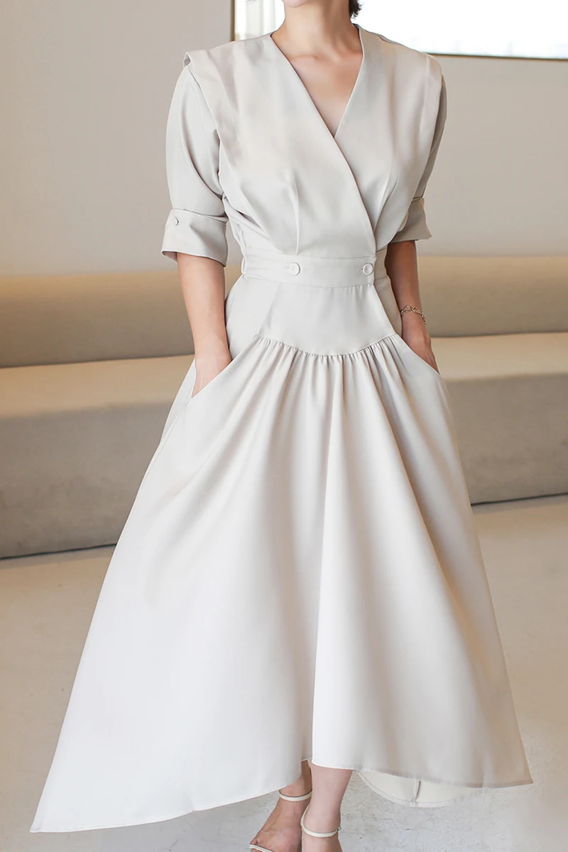 

ZCSMLL Korea chic summer thin V-neck cross two button waist women vestido design irregular vintage fashion dress 2021 Tide