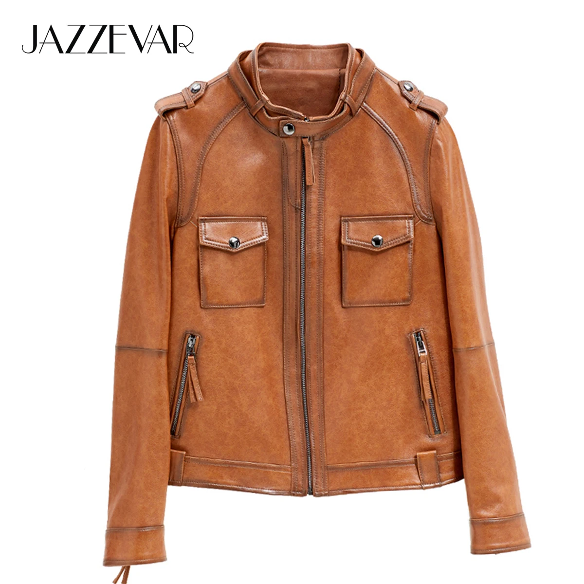 JAZZEVAR 2023 New High Fashion Street Women Real Sheep Skin Leather Jacket Oil wax color Genuine Leather short Motorcycle Jacket