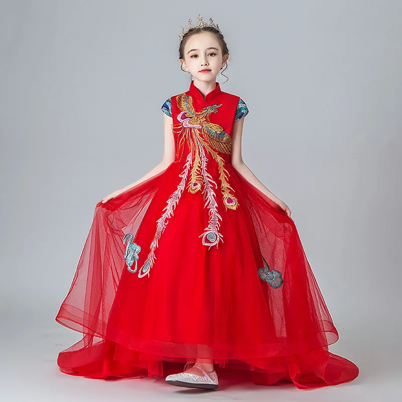 Красное детское платье принцессы для девочки пачка с вышивкой выпускного вечера