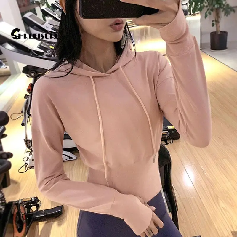 CHRLEISURE Фитнес Спорт Йога Топы Талия Формирование с капюшоном длинным рукавом