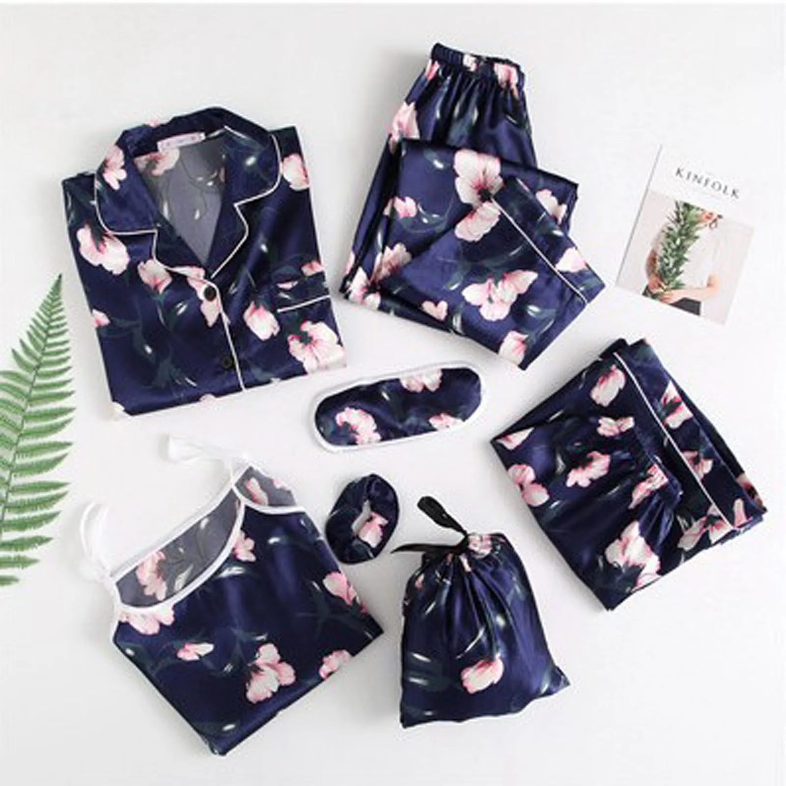 

Autumn Spring 7 Pieces Set Silk Elegant Women Pajamas Stripe Shorts Long Sleeve Tops Elastic Waist Pants Full Lounge Sleepwear