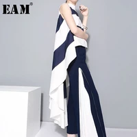 eam 2022 new spring stand collar sleeveles blue striped big hem irregular loose shirt women blouse fashion tide jl254