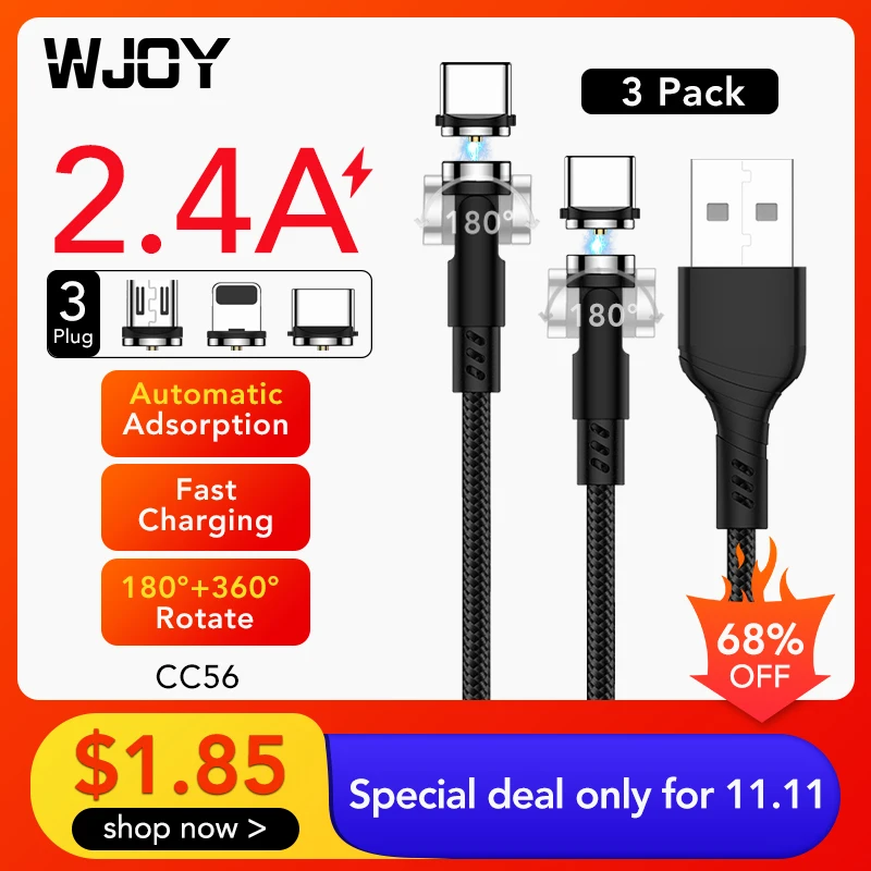 Магнитный кабель WJOY с поворотом на 540 градусов адаптер Micro USB типа C зарядное