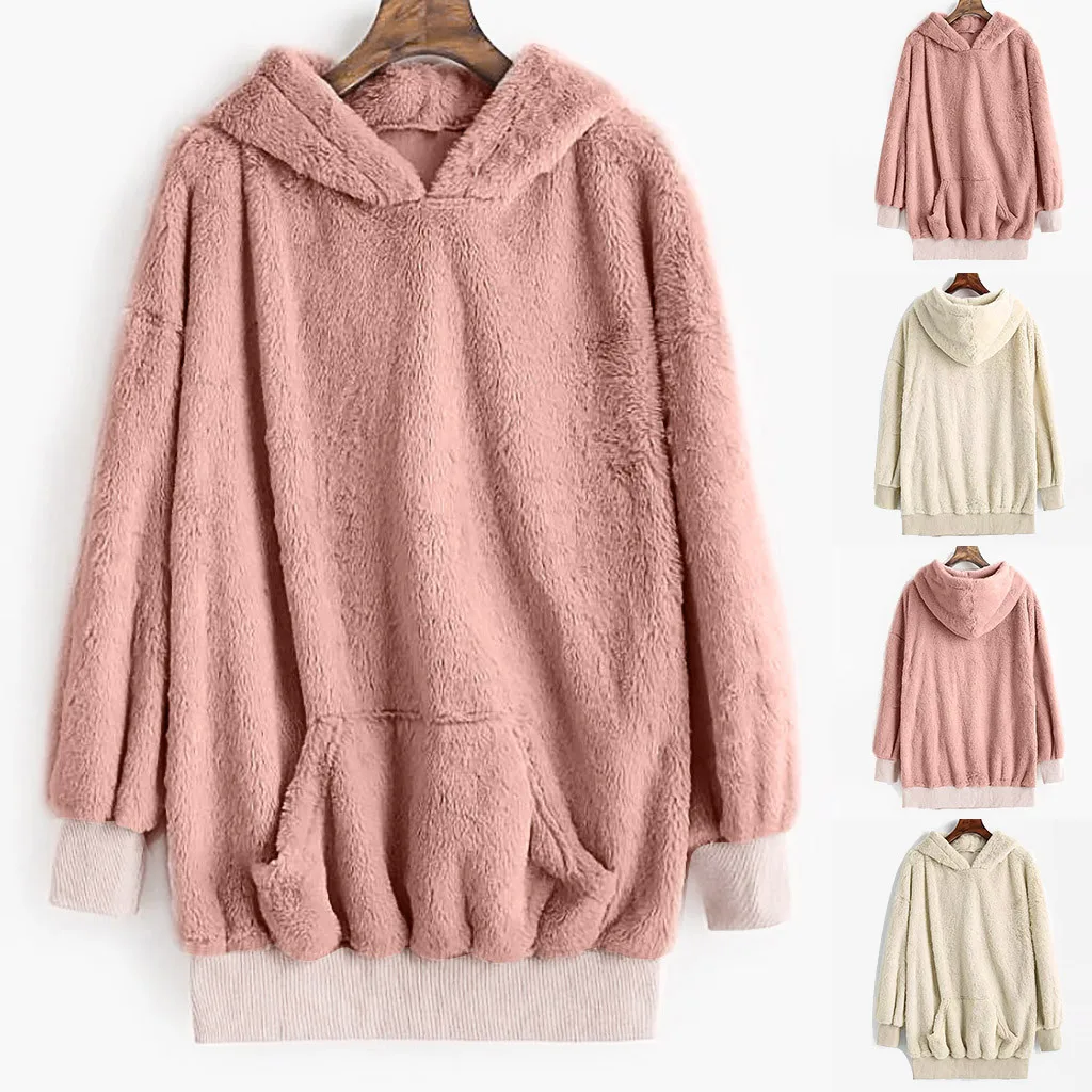 

Fannic 2020 Winter Casual Fashion Plush Hooded Pocket Solid Color Hoodie Women
