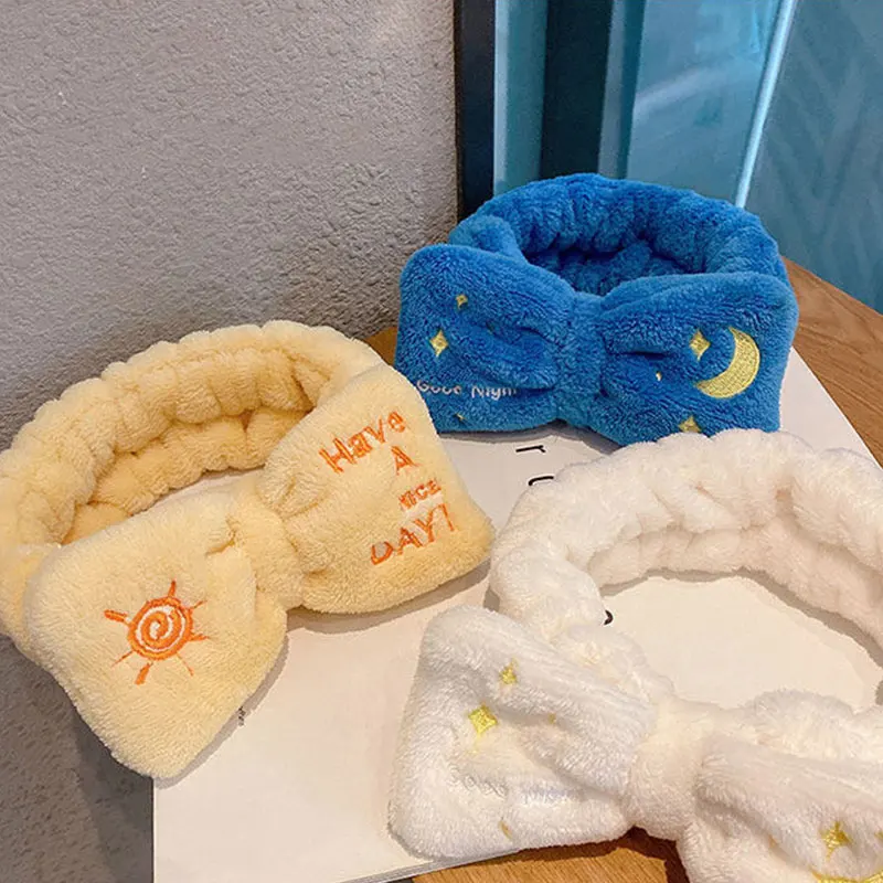 

Coral fleece Headbands Elastic Hair Band Velvet Headband Sun Moon Stars Embroidered Bow Hairband Soft Bow makeup Hair Accessory