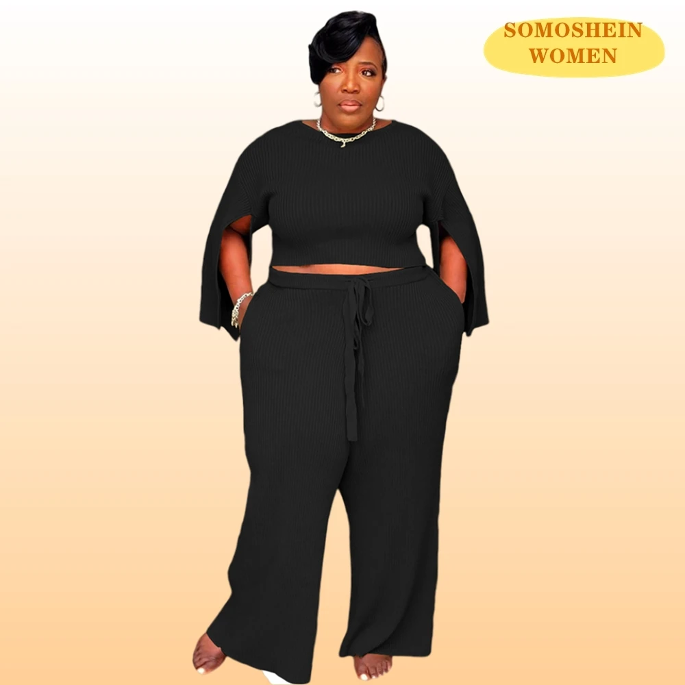 

Женские комплекты больших размеров Somoshein 5XL, эластичный комплект из двух предметов, Модный повседневный наряд с разрезом и рукавами, осенняя...