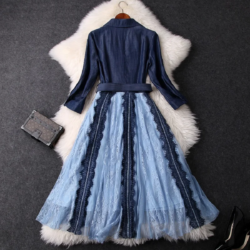 

Patchwork 2021 NEW Club cowboy Lace party dresses for women spring Casual sexy Dress Sashes office lady empire long dress summer