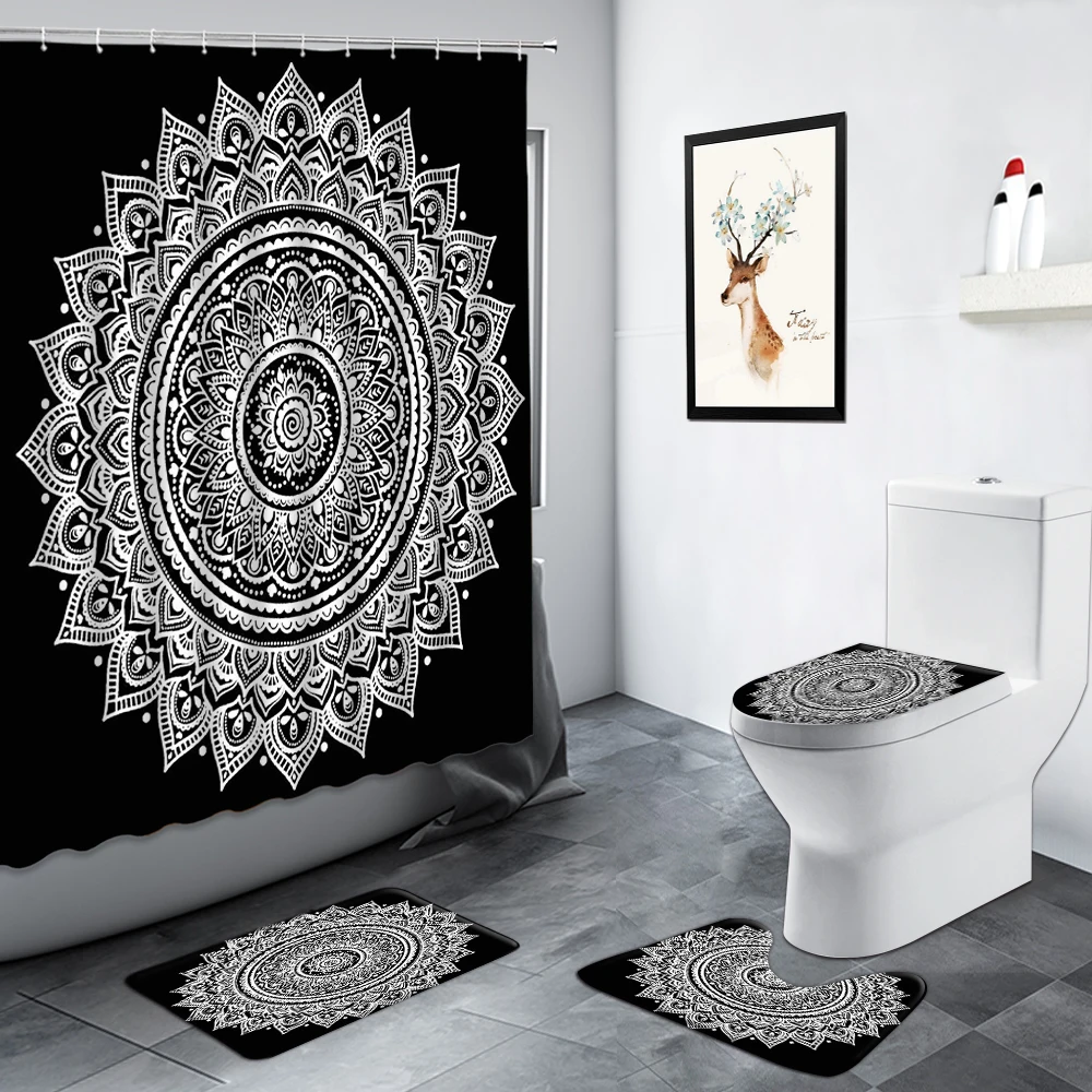 

Bathroom Set Shower Curtain Black White Mandala Flower Indian Bohemian Style Decor WC Carpet Bath Mats Toilet Lid ​Non-slip Mat