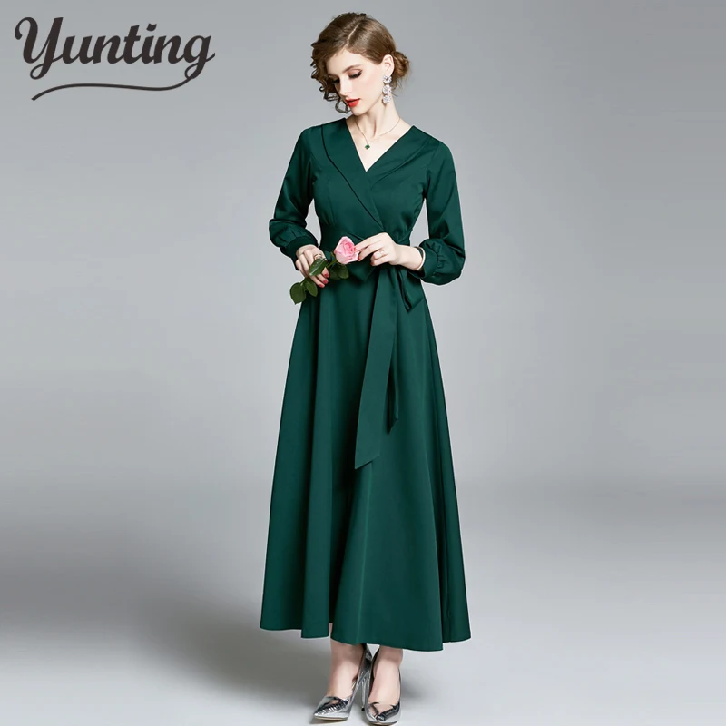 

Однобортное соблазнительное атласное длинное платье средней длины для вечерние, с длинным рукавом