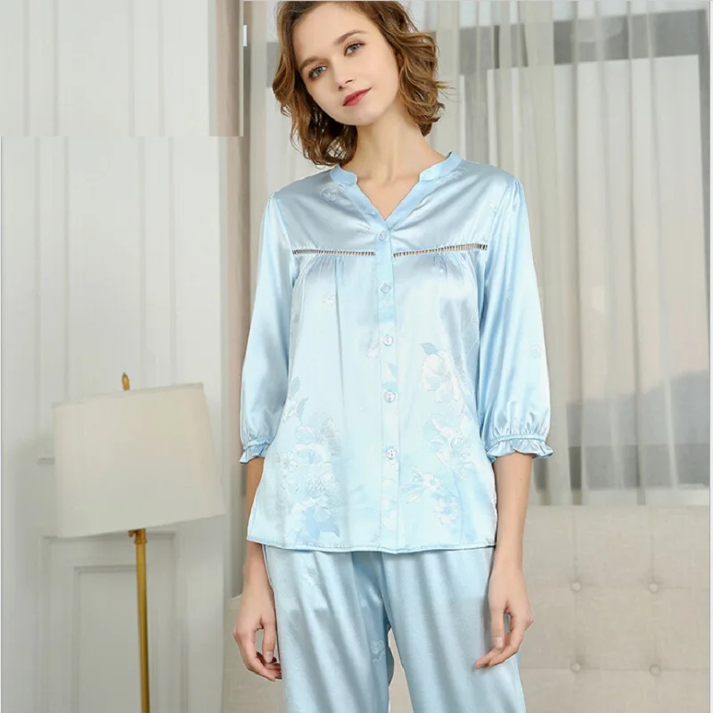 Ladies Silk Pajamas Homewear Sleepwears Sets Spring High Quality 2020 100% Silk Stain Pink Full Sleeve Sleep Pyjama Set Female