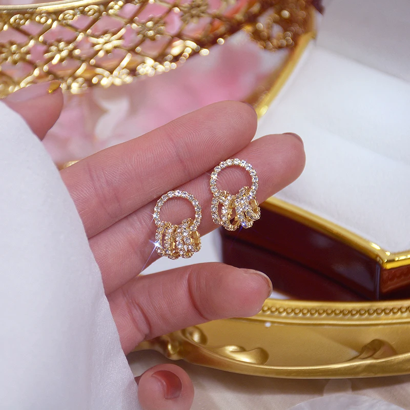 

New Trendy Charm 14K Real Gold Plated Circle Ring Drop Earrings for Women Jewelry AAA Zircon S925 Silver Needle Party Fine Gift