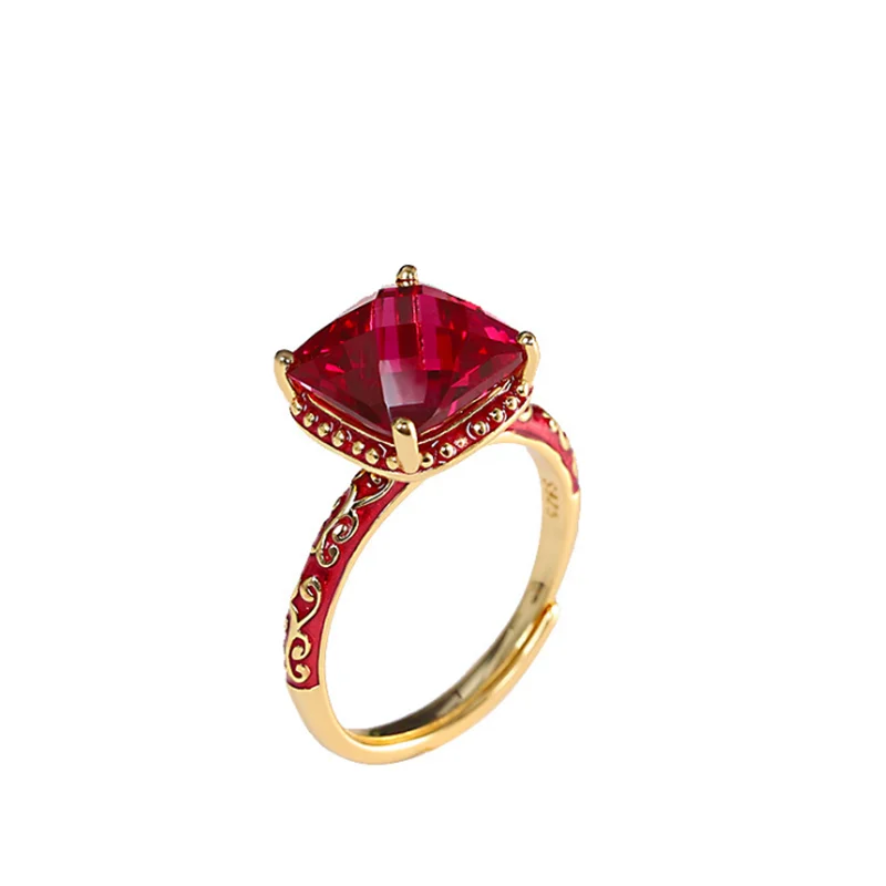 

New S925 Silver Gold Plated Red Corundum Enamel Color Craft Vintage Women Ring Open Loop Fine Jewelry