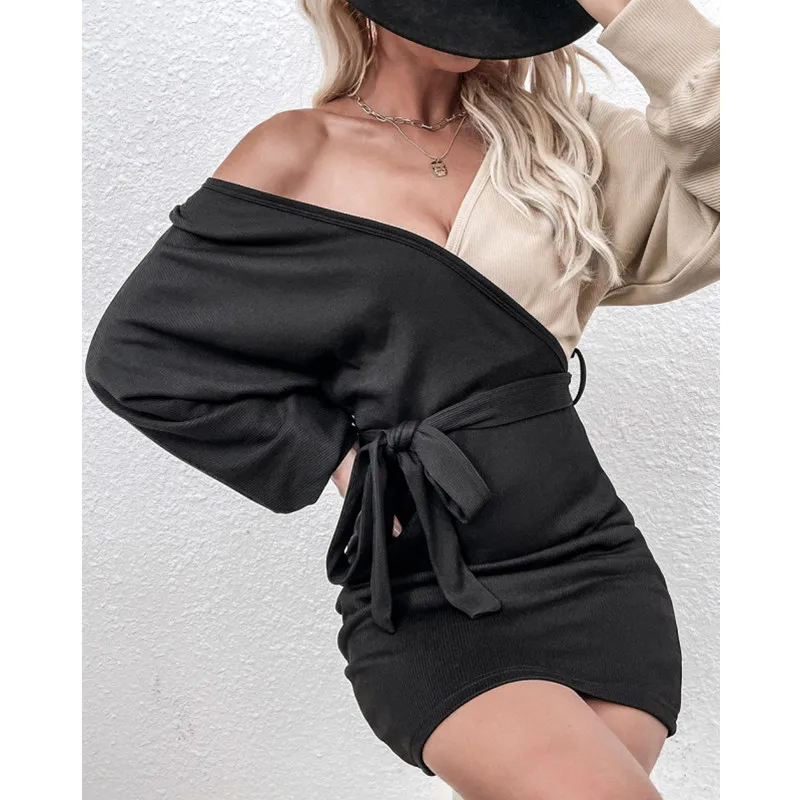 

Elegant Sashes V Neck Dress Women Sexy Backless Autumn Long Sleeve Dress Ladies Bodycon Short Dress for Women Vestido Feminino