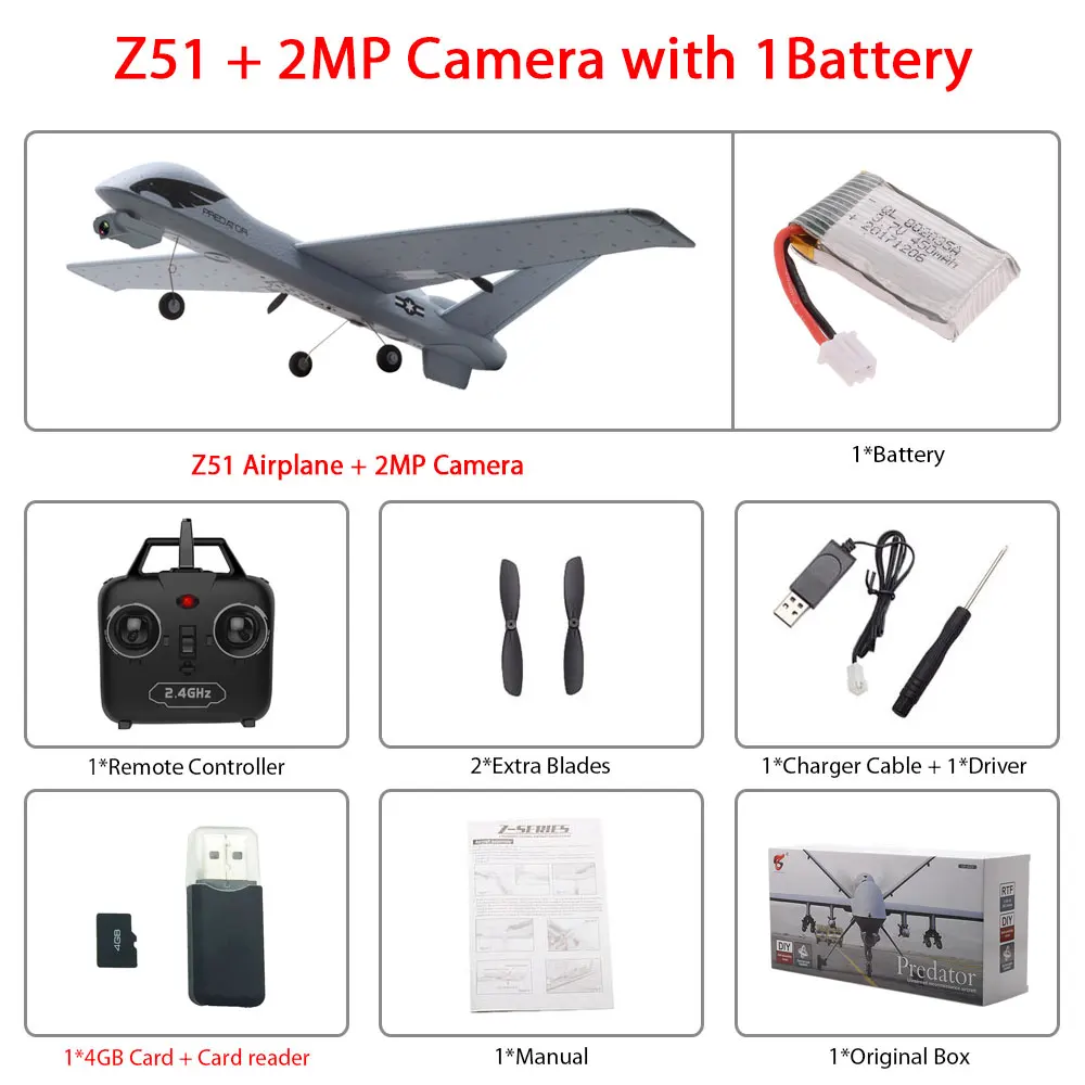 2MP 1B color box Радиоуправляемый самолет Z51 из ЕПП-пены с HD камерой 2 Мп или без камеры, 20 минут в полете - Цвет: 2MP 1B color box