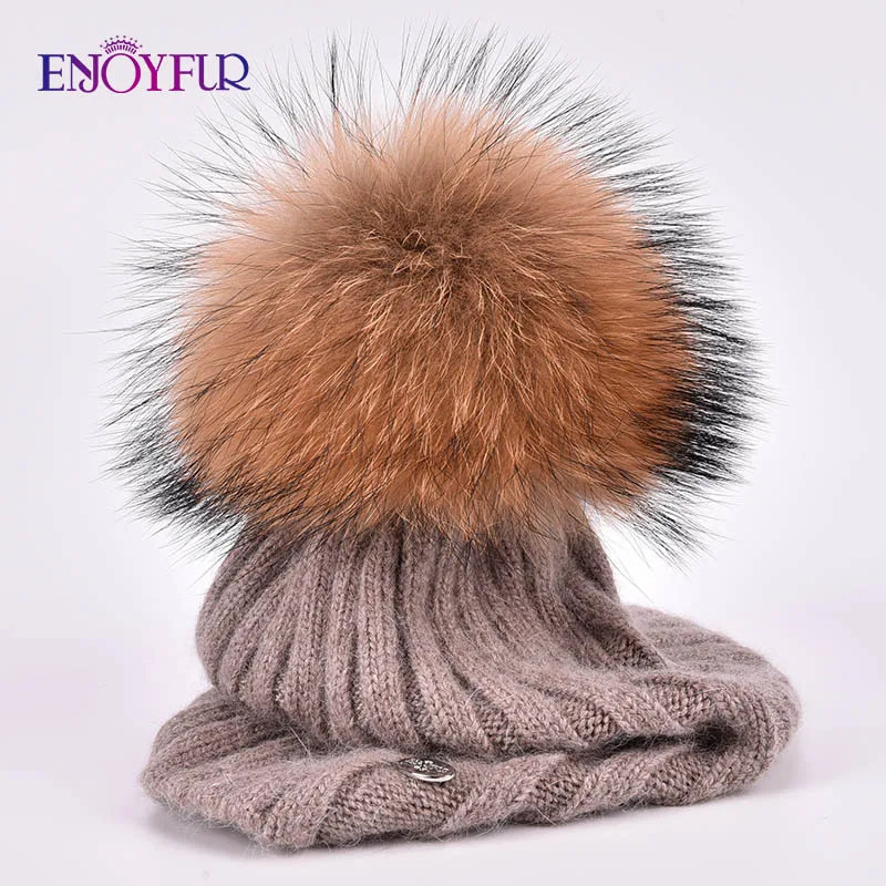 

ENJOYFUR Fashion Vertical Stripes Winter Hats For Women Cashmere Knitted Hat Female High Quality Fur Pom Pom Autumn Warm Beanie