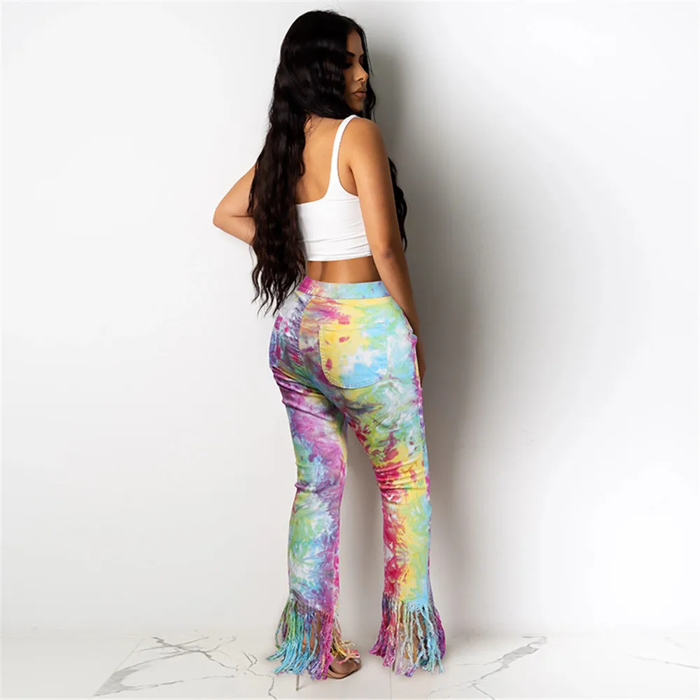 

2020 fashion Hip Hop Patchwork Jeans for Women Tassel Flare Pants Skinny Slim Long Korean High Waist Trousers Denim Streetwear