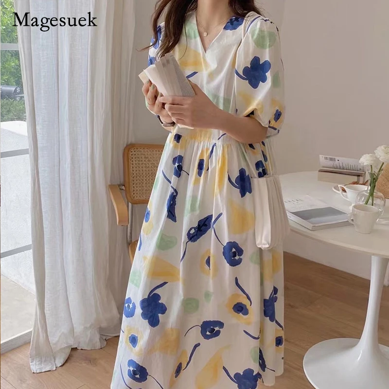 

Temperament Puff Sleeve V-neck High Waist Medium Length Dress 2021 New Summer Loose Dress Sweet Cute Floral Dress Vestido 15733