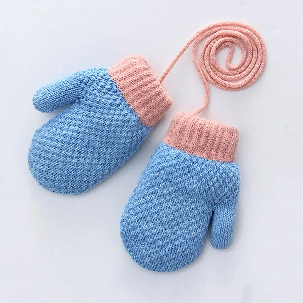 

Lovely Solid Color Kids Boys Girls Knitted Full Finger Rope Hanging Neck Gloves Warm Winter Mittens plus velvet thickening warm