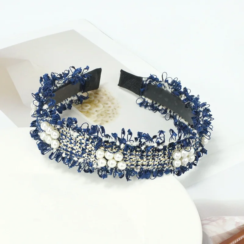 Женский жемчужный обруч для волос в Корейском стиле модная твидовая клетчатая