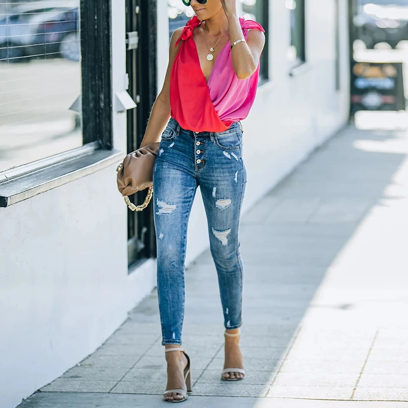 

Clshing Bow Office Summer Shirt Blouse Sleeveless Deep V Neck Solid Color Sexy Blouses Casual Women Fashion Tops 2021