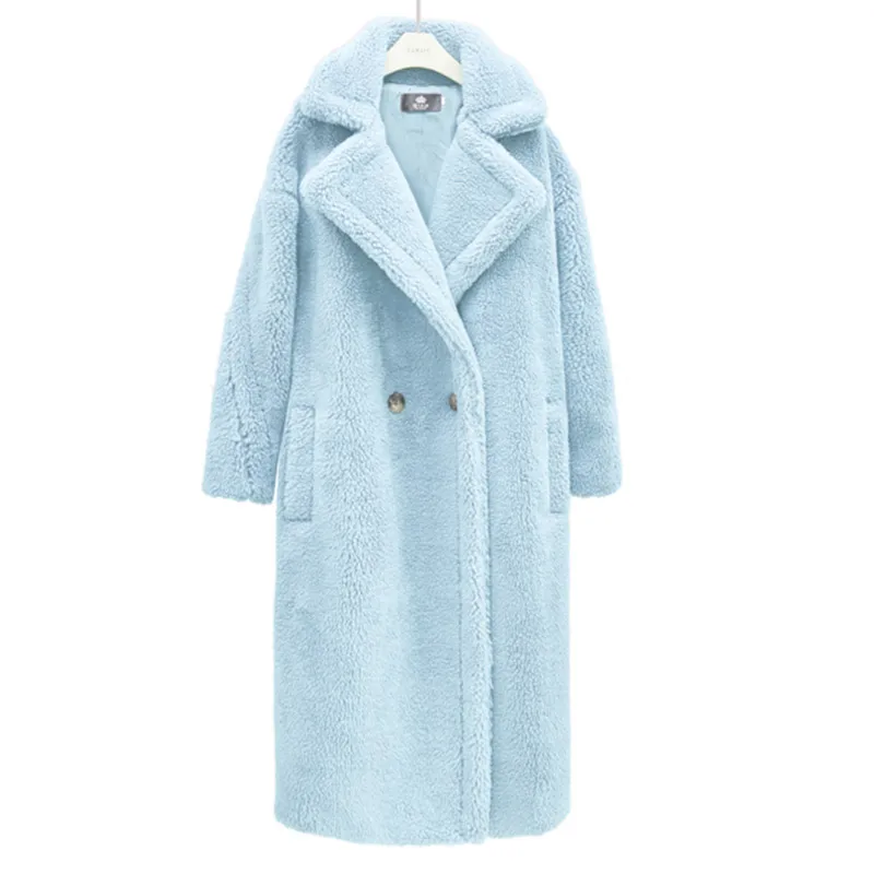 Light Blue Тедди пальто кокон форма с длинными рукавами ягнята зимнее шерстяное пальто из искусственного меха утолщение теплая длинная куртка женская Свободная куртка верхняя одежда - Цвет: Light Blue