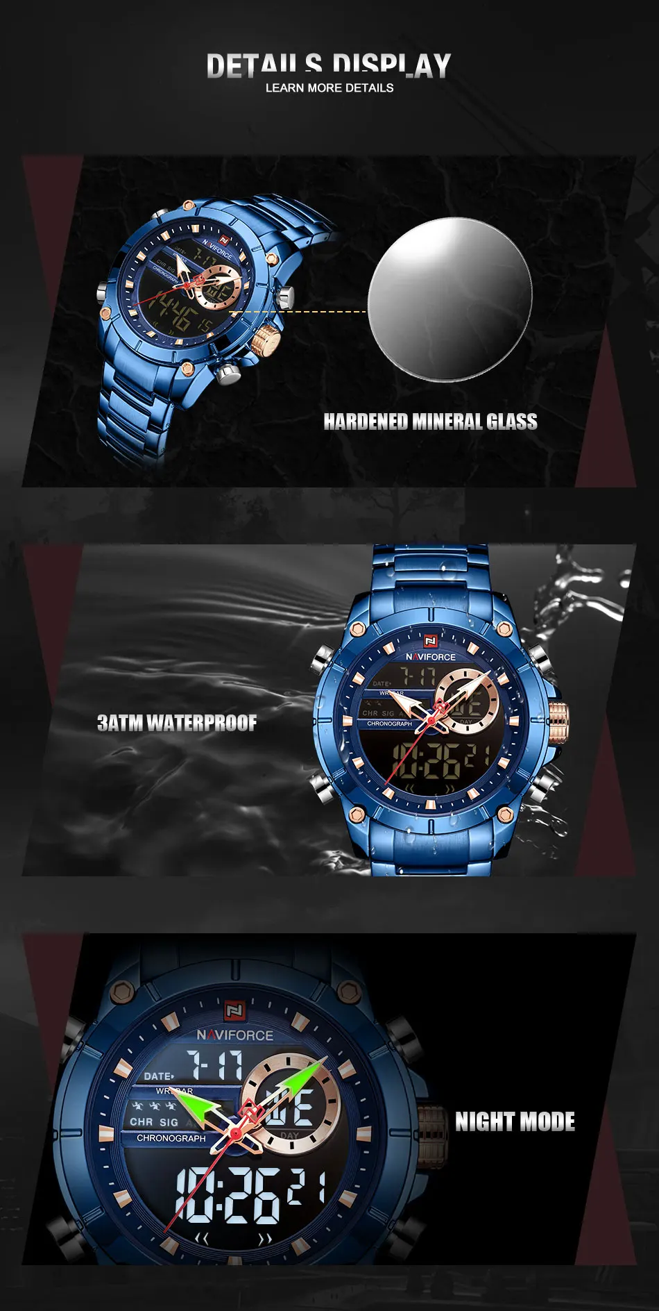 NAVIFORCE Топ бренд класса люкс мужские водонепроницаемые кварцевые цифровые светодиодные Мужские часы Военные Спортивные из нержавеющей стали мужские наручные часы 9163