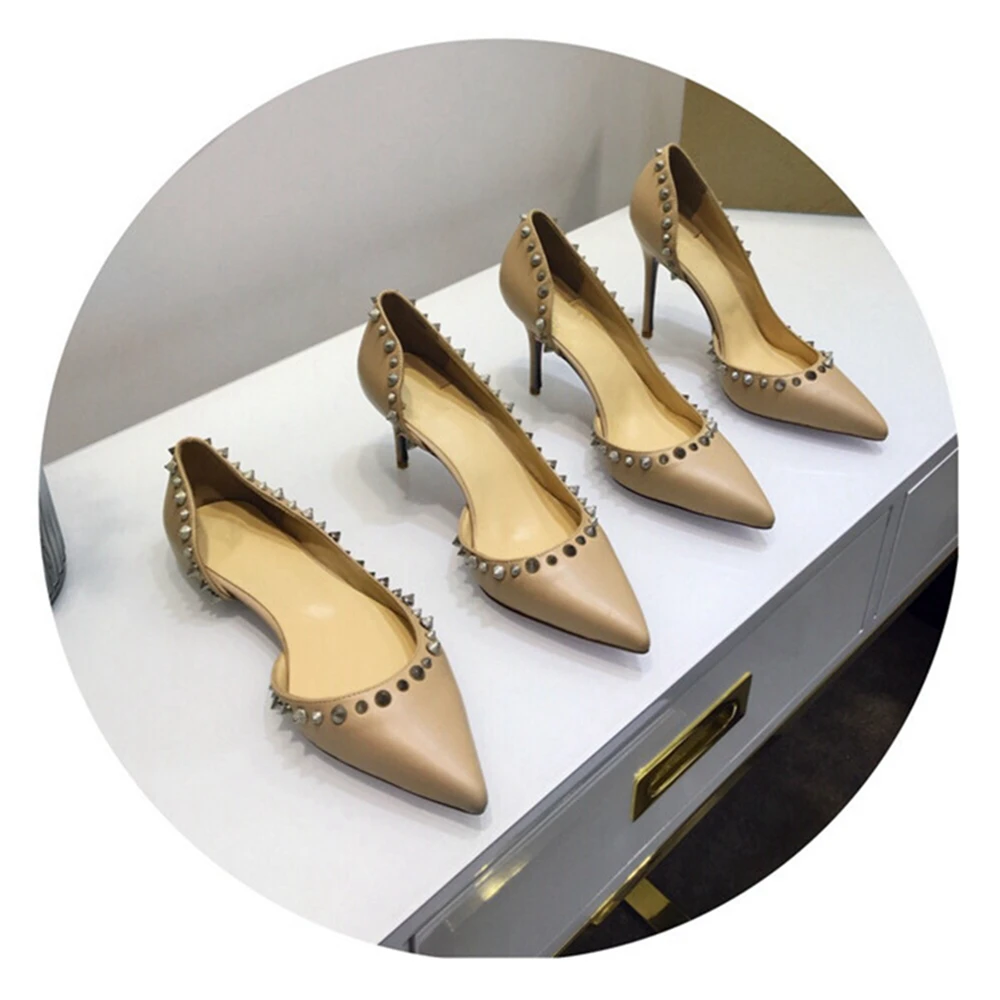 Женские туфли лодочки Junetxin на высоком каблуке с заклепками и острым носком