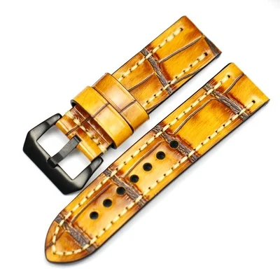 Yellow Black buckle Ручной работы 24 мм серый желтый крокодиловый узор из натуральной кожи Ретро ремешок для часов браслет для PAM Big Pilot DZ ремешок для часов браслет - Цвет ремешка: Yellow Black buckle