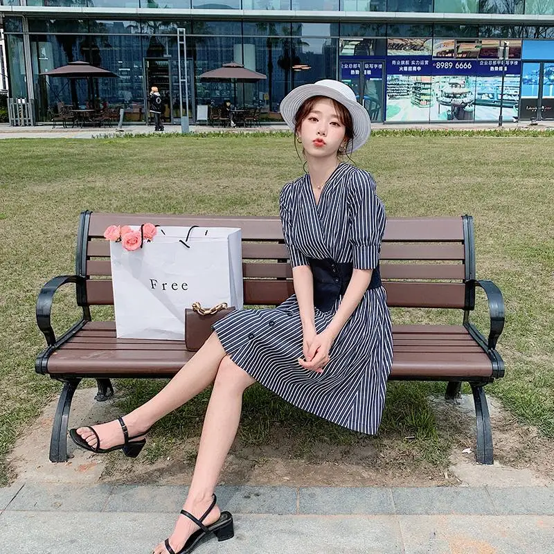 

Blue Stripe Short Dress Summer New French Retro One Piece V Neck Short Sleeve Waistband Slim Elegant Party Dress For Women