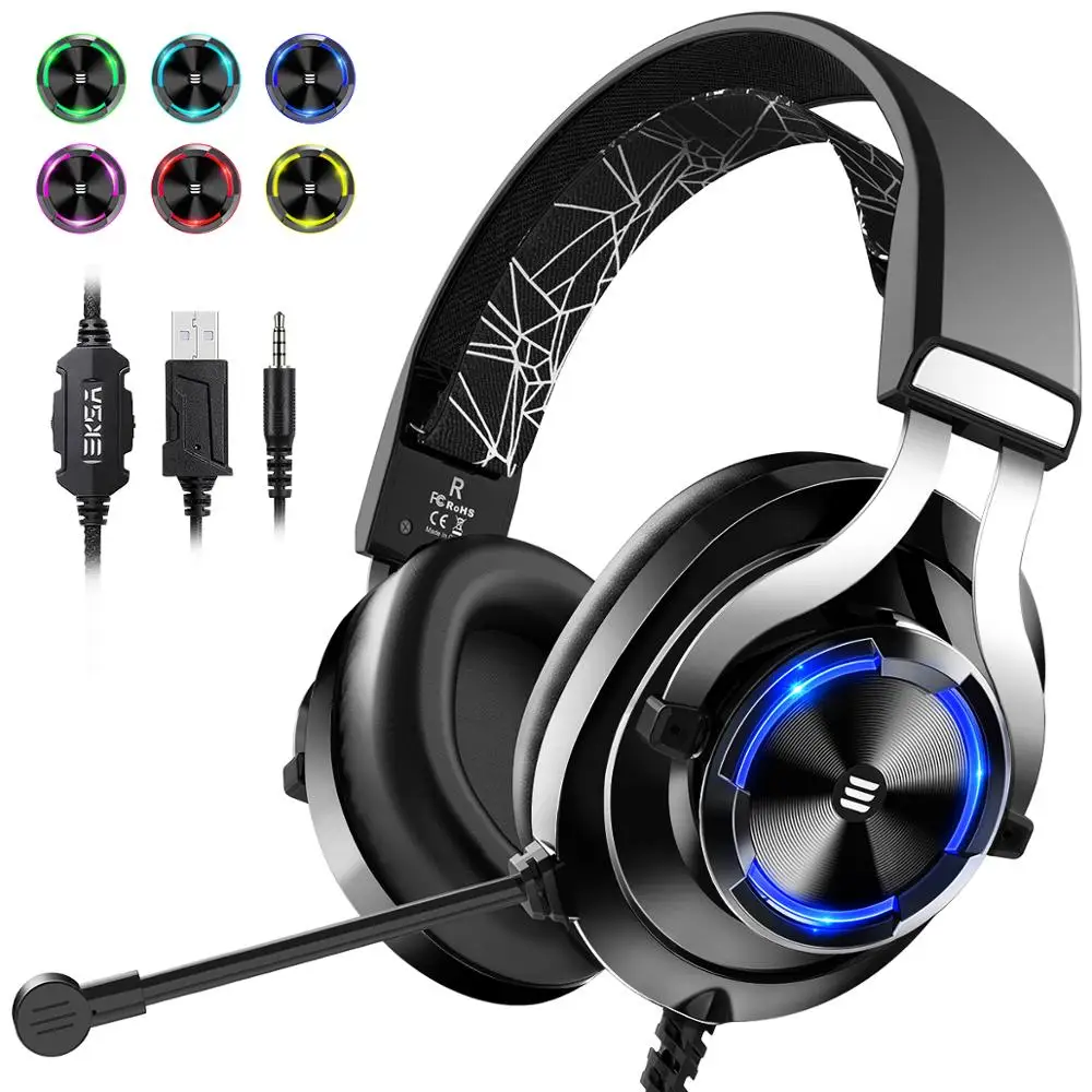 E3000-Black EKSA E3000, геймерская гарнитура, Накладные наушники, игровые наушники, 3,5 мм, двойной разъем, наушники с поворотным микрофоном, RGB Светодиодный светильник для PS4, ПК, Xbox - Цвет: E3000-Black