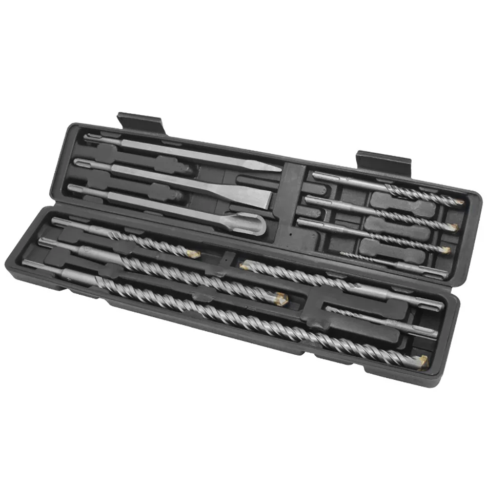 12pcs Electric Hammer Drill Bit Set Sds Chisel Shank Impact Rotary Concrete Masonry Drilling Grooving Plastic Box Tool