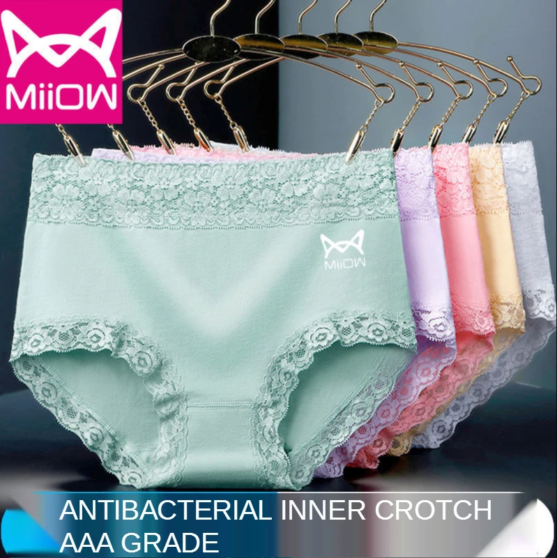 

MiiOW 4 Pieces of 95% Cotton Underwear Women's Mid-waist Silver Ion Antibacterial Lace Solid Color Cotton Underwear for Women