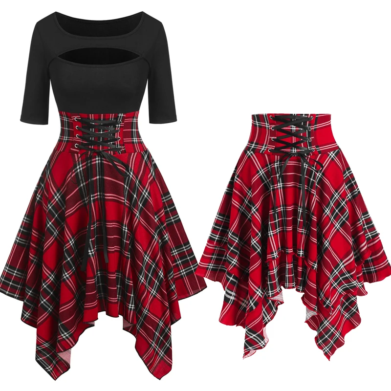 

Женский клетчатый носовой платок большого размера с вырезом, со шнуровкой, многослойная женская готическая юбка с высокой талией, уличная о...